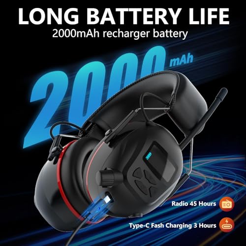 AM FM Radio Headphones with Digital Display, 45H Working Time Rechargeable Hearing Protection Earmuffs, 30dB SNR Noise Reduction Safety Ear Muffs for Mowing, Construction, Woodworking, Shooting