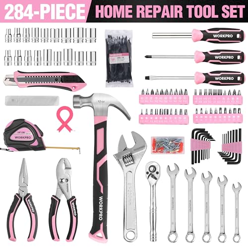 WORKPRO 284PCS Pink Tool Set, Portable Home Basic Tool Kit Box for Women