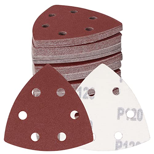 120 Pcs Triangle Sanding Pads, 120 Grits Detail Sander Sandpaper Hook and Loop Sanding Sheet,3.54"(90mm) Triangular Sandpaper for 3.5" Oscillating Multi Tool - size: 120 Grit, style: Hole