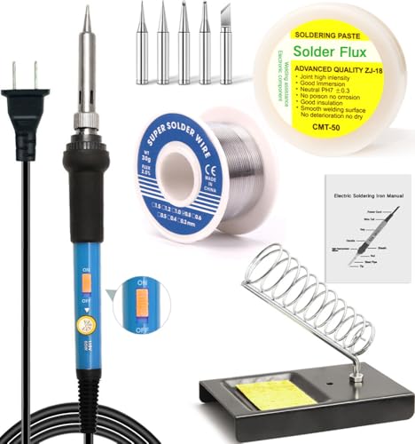 LDK 60W Soldering Iron Kit, Adjustable Temperature Electric Soldering Gun Welding Tools with ON/OFF Switch, Solder Wire, Flux Paste, Soldering Iron Stand, Sponge, 5pcs Tips [110V US Plug] - color: 11-in-1