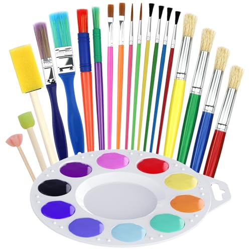 Halobios 20 Pcs Painting Brushes for Kids, 19 Colorful Painting Brushes and 1 Paint Palette, All Purpose Paint Brush Value Pack for Acrylic, Watercolors & Washable Paints