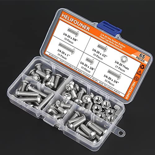 HELIFOUNER 65 Pieces 5 Sizes 304 Stainless Steel 1/4-20 x 3/8" 1/2" 5/8" 3/4" 1" UNC Thread Button Head Socket Cap Screws Bolts Kit - size: 1/4-20, style: Button Head