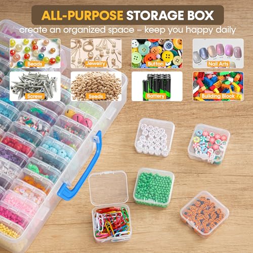 Bead Organizer with Handle, 60Pcs Small Clear Bead Storage Boxes with Labels, Large Craft Case and Mini Plastic Dispensing Containers for Jewelry Making Diamonds Arts Screws Seeds Small Parts - size: 1 Pack - 60 Pcs (2.16" x 2.16" x 0.78")