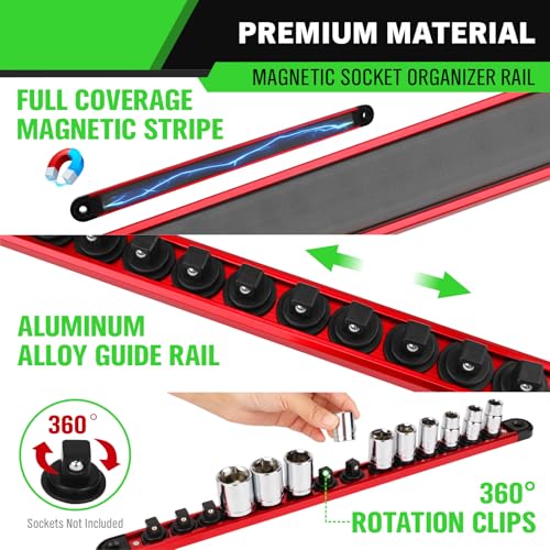 3/8-Inch Magnetic Socket Organizer Rail, Aluminum Alloy Socket Rail, Heavy Duty Sockets Holder with 14 Clips, 360° Swivel Clip Tool Tray, Sockets Organizer for Tool Box Drawer (Red) - style: Red 3/8-inch