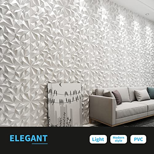 Art3d Textures 3D Wall Panels White Diamond Design for Interior Wall Decor Pack of 12 Tiles 32 Sq Ft (PVC)