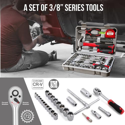 Hi-Spec Home Garage Mechanics DIY Tool Kit Metric Sockets Ratchet Wrench - size: 52 PCS