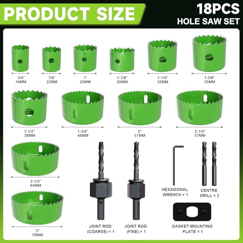 18 Piece Hole Saw Set - High Carbon Steel 19-76mm (3/4" to 3") Blades for Drywall, Softwood, Plastic, and PVC; Professional Grade with Instant Support - size: 18PCS(3/4"to 3"/19-76mm)