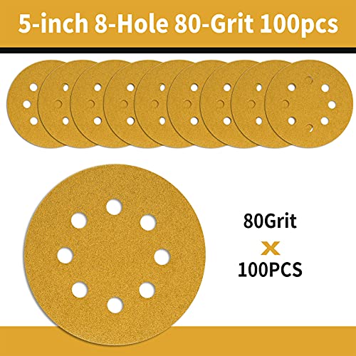 100 Pcs 5 Inch Sanding Discs Hook and Loop, 80 Grit Sandpaper for Woodworking or Automotive, 8 Hole Gold Premium Dustless Random Orbit Sandpaper - style: 80 Grit-100 Discs