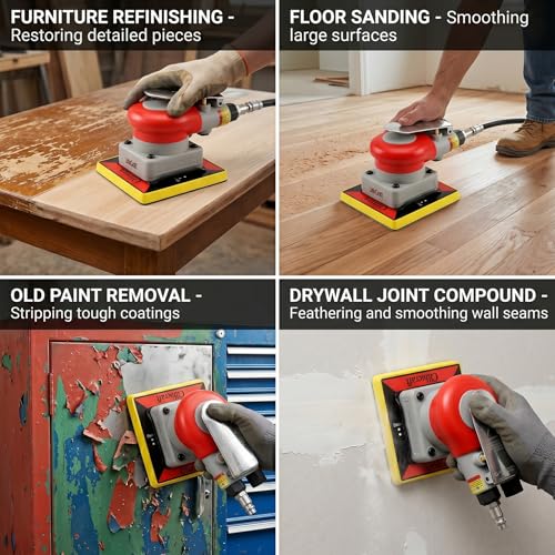 3-in-1Pneumatic Random Orbital Palm Sander, 4 x 4.3 in Air Square Sander, 10000 RPM, with 3 x 4 in Square panels and Triangle Detail Panel for Right-Angle Edges, Woodworking, Metal