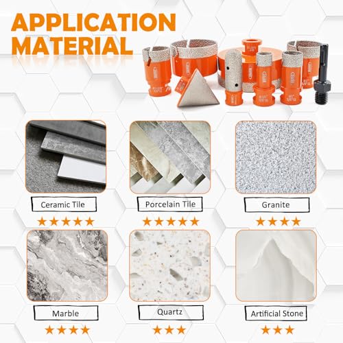 Tile Hole Saw Kit Diamond - 9PCS 5/8-11 Thread Drill Bit 19/25/35/50/65/102mm+50mm Beveling Chamfer Bit+20mm Finger Bit+SDS Adapter for Pocelian Tile Ceramic Marble Granite Stoneware - size: 9 pcs - 19/25/35/50/65/102mm, style: Flash Toothed
