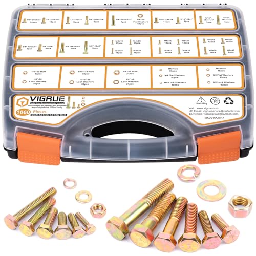 VIGRUE 1060PCS SAE & Metric Bolts Nuts Assortment Kit 1/4-20 5/16-18 3/8-16 and M6 M5 M4 Heavy Duty Assorted Hex Bolts Washers Nuts Fasteners Set with Portable Box, 25 Different Sizes - size: 1060PCS SAE & Metric Bolts