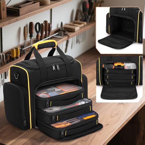 Marscamd Tool Bag with 3 Removable Cases, 2 Layers Tool Tote for Hand Tools - color: Black with Yellow Binding