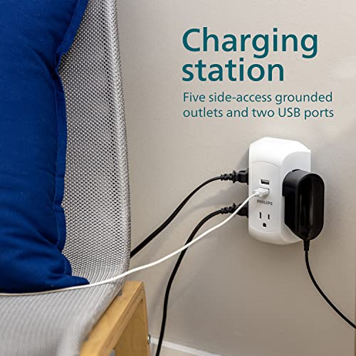 Philips 5-Outlet Extender, Grounded Wall Tap, 3-Prong, 2 USB-A, Surge Protector, Adapter Spaced Outlets, Side Access, 560 Joules, Quick and Easy Install, White, SPS5002WA/37 (Pack of 8) - size: 8 Pack, style: 5 Outlet | 2 USB-A | Surge