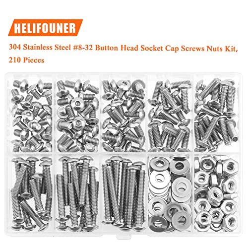 HELIFOUNER 210 Pieces #8-32 x 1/4" 5/16" 3/8" 1/2" 5/8" 3/4" 1" 1-1/4", Button Head Socket Cap Screws Bolts Washers Nuts Kit, Coarse Thread, Fully Machine Threaded, 304 Stainless Steel - size: #8-32, style: Button Head