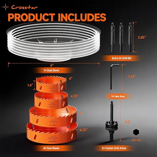 Crosstar 12Pcs Hole Saw Kit for Recessed Lights, with Dust Bowl Catcher