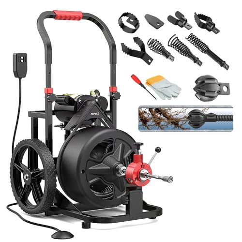 100 ft x 1/2 inch POPULO Auto Feed Electric Drain Snake Auger for 2 to 4 Inch Pipes, Sewer Plumbing Snake Auger, Heavy Duty Drain Cleaner Machine with 8 Cutters & 1 Root Killer & Gloves - style: 100ft x 1/2inch