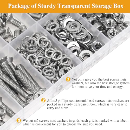 245 Pieces M5 Machine Screws Nuts Washers Set, Sutemribor M5 x 6/8/10/12/16/20/25mm Phillips Countersunk Head Machine Screws Nuts Washers Assortment Kit, 304 Stainless Steel, Fully Threaded - size: M5, style: Phillips Countersunk Head