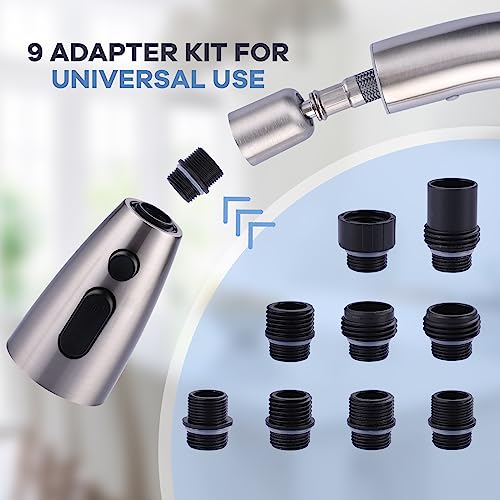 WOWOW Kitchen Faucet Head Replacement Brushed Nickel, 3 Function Pull Out Spray Nozzle with 9 Adapters for Kitchen Sink Faucet，American Standard for Moen Kohler Delta Faucets G1/2 Male Connector - color: Brushed Nickel