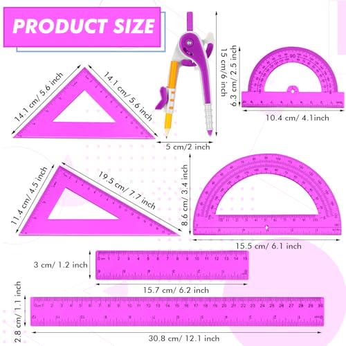 Zonon 7 Pcs Geometry Math Set with Compass Protractor Rulers, Purple - color: Purple