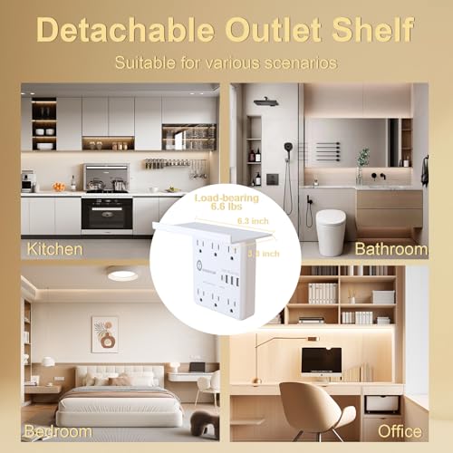 Overtop Power Charger with Shelf,Wall Outlet Extender,Surge Protector 1800J - color: Off White-6AC