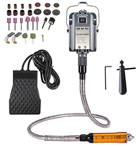 1000W Rotary Tool Flex Shaft Electric Hanging Grinder Carver, Forward and Reverse Rotation, Multi-Function Metalworking Jewelry Repair Kit, Foot Pedal Control, Metal Flexible Shaft, 30000 RPM - style: 1000W, 0.4-6.5mm; Forward & Reverse Rotation