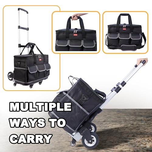 Rolling Tool Bag with Wheels - Aluminum Alloy Trolley for Electrician & HVAC