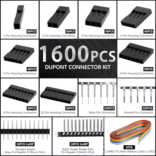 SN-58B Dupont Crimper, 1600PCS 2.54mm Dupont Connector Kit with Ratcheting Wire Crimping Tool, 23-16 AWG, 1/2/3/4/5/6/8/10 Pin Housings, Male Female Pins, Headers & Ribbon Cable - color: 1600pcs