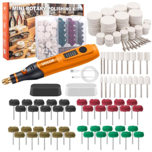 Uolor 145PCS Cordless Polishing Buffing Wheels Kit, Polishing Tool Kit with 100 Wool Buffing Wheels, 40 Abrasive Pads, 5 Variable Speeds 5000-20000RPM, USB-C Rechargeable Rotary Polisher
