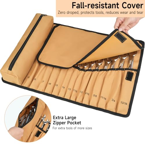 23+1 Pockets Wrench Roll Organizer,Metric/SAE Wrench Roll Up Pouch,No Tools - color: Brown