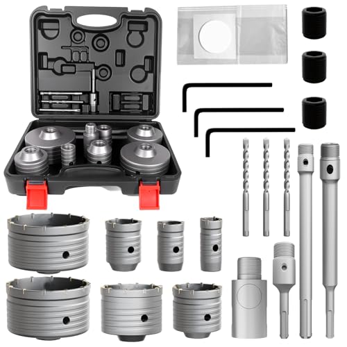 CSOOM 22 Pieces Concrete Hole Saw Kit (30/40/50/65/80/100/110mm) with SDS Plus and SDS Max Shank for Concrete, Cement, Brick Walls and Stone Masonry