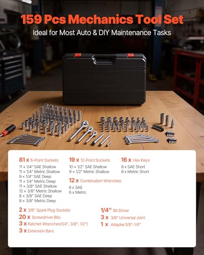 VEVOR Mechanics Tool Set, 159-Piece Mechanic Tool Kit, 1/4 in, 3/8 in, and 1/2 in Drive, SAE and Metric Socket Set, Wrenches, Screwdriver Bits, Accessories, and Storage Case, for Automotive Repair - size: 159-PCS