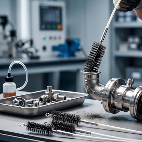QWORK 50" Pipe Cleaning Brush Set with Stainless Steel Bristles and 4 Flexible Rods, Wire Tube Brush Kit for Auto Parts Bottles Valves Pipes Lab Equipment, 4 Brush Heads 3/5" 1" 1-3/5" 2"