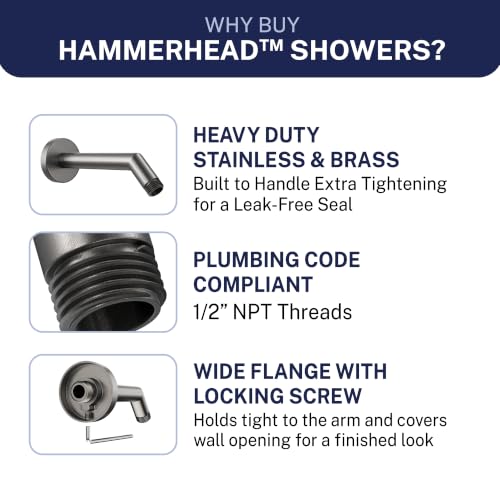 HammerHead® Solid Metal Shower Arm and Flange - 7.5 Inch 304 Stainless Steel Extension Pipe - Universal Shower Head Arm with Flange and Locking Screw, Gray - color: HammerHead Gray