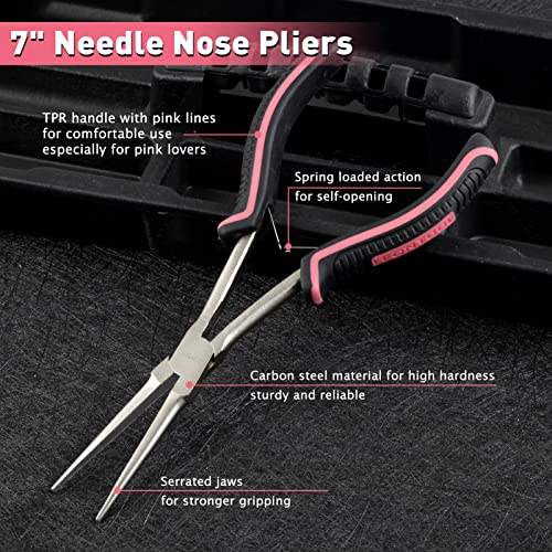 Long Reach Needle Nose Pliers with Teeth 7-Inch Extra Long Needle Nose Plier for Jewelry Making Small Long Reach Long Nose Plier Non-slip Handles Working In Tight Spaces, Pink Tool for Women - style: Needle Nose Plier with Serrated Jaw