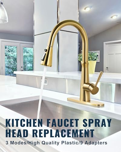 Pull Down Spray Head Replacement - for Kitchen Faucet Sprayer Head with 9 Adapters, 3 Function Pull Out Faucets Spray Nozzle Compatible with Moen, American Standard Faucets, Brushed Gold - color: Brushed Gold