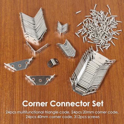 72Pcs Universal Corner Bracket Set, 48Pcs L Bracket(Small + Medium) 24Pcs Triangular Support Brackets with 312 Screws, Multi Use Predrilled Hole Metal Hardware Corner Brace for Drawer, Cabinet,Table,