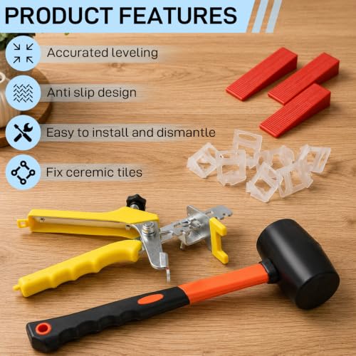 Tile Leveling System with Tile Plier And Rubber Mallet,800 Piece Tile Spacers Clips And 200 Piece Reusable Wedges,Tile Tools Set for Stone Installation(1/8 Inch Tile Spacers)