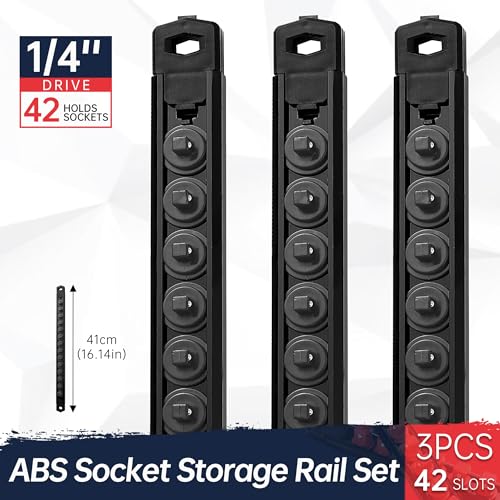 Reniteco Magnetic Socket Organizer, 3-Piece 1/4-Inch Drive ABS Sockets Rail, Heavy Duty Sockets Holder, Socket Rack Kit 1/4-Inch x 42 Clips - color: Black, size: 3 Pcs 1/4" DR