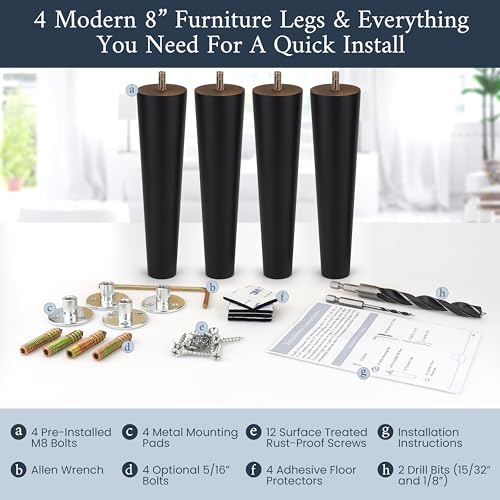 Airy Abode Premium Black Wood Furniture Legs (Full Install Kit) - Pick Your Size and Color - color: Black, size: 8 Inches