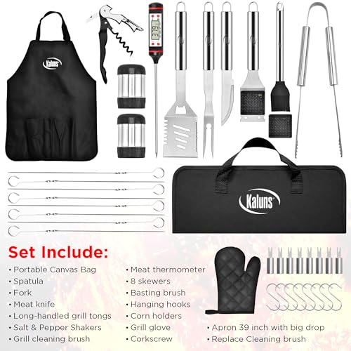 Kaluns Grilling Accessories, Dad Gifts for Christmas, Heavy Duty Stainless Steel Grill Set BBQ Grill Accessories for Outdoor Grill with Meat Thermometer, Case and Apron - size: 30 Pcs