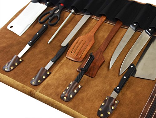Leather Knife Roll Storage Bag, Elastic and Expandable 10 Pockets, Adjustable/Detachable Shoulder Strap, Travel-Friendly Chef Knife Case (Dark Brown, Leather) - color: Dark Brown