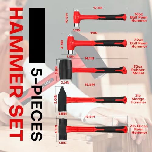 C&T 5-Piece Hammer Set, 16oz Ball Peen Hammer | 32oz Ball Peen Hammer | 32oz Rubber Mallet | 3lb Sledge Hammer | 3lb Cross Peen, Fiberglass Handle & Mallet Set - style: 5pc