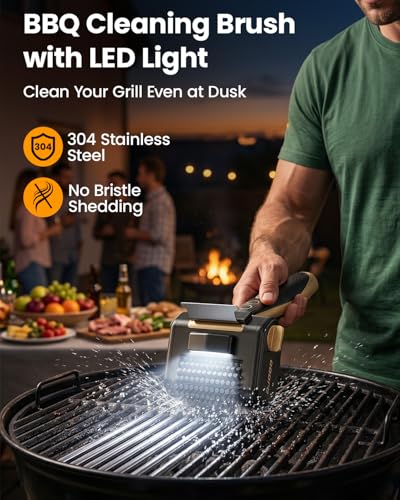 Cordless Electric Grill Brush with LED Light and Front Scraper, Gold - color: Gold