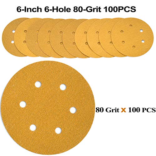 6-Inch 6-Hole Hook and Loop Gold Sanding Discs 80-Grit, 100-Pack - style: 80 Grit