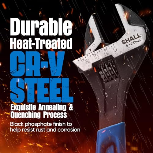 SHALL 6 Inch Adjustable Wrench, Cr-V Steel Spanner with Cushion Grip, Wide Jaw Black Oxide Wrench with Laser-etched SAE Scales for Home, Garage, Workshop and DIY - size: 6 Inch