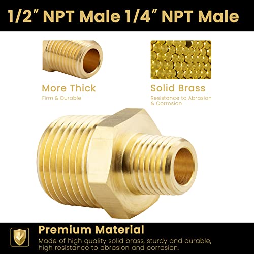 KOOTANS 1/2 NPT x 1/4 NPT Male Solid Brass Hex Nipples,4 PACK - size: 1/2 NPT x 1/4 NPT (O.D x O.D: 3/4'' x 1/2'')