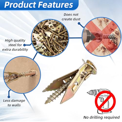 180 PCS Self-Drilling Drywall Anchors KIT - 90 Metal Winged Zinc Plated Drywall Anchors and 90 Screws for Sheetrock, Gypsum Board, Hollow Walls - No Drill Needed