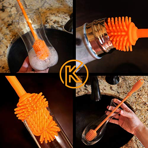 Kitchiny Silicone Bottle Brush 12.5 inch with 2 Straw Cleaners – Orange | Bottle Cleaner Brush for Yeti, Hydro Flask, Owala, Stanley, Baby Bottles, Vases & Narrow Neck Containers - color: Orange
