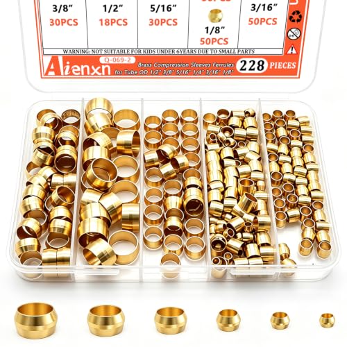 228PCS Brass Compression Fittings Assortment, Sleeve Ferrules Kit - size: 1/8"- 1/2" (228PCS), style: Compression Fittings