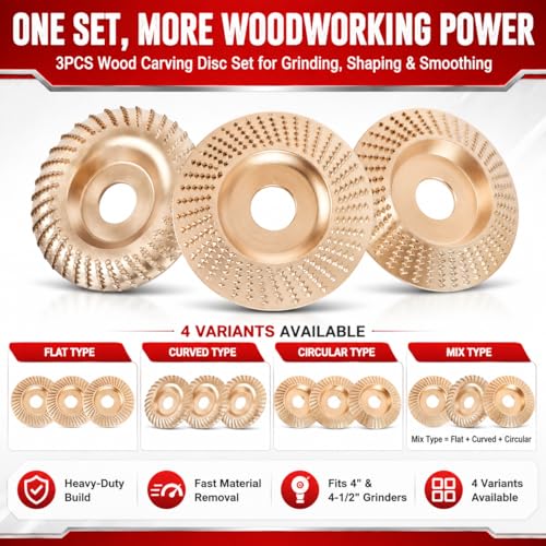 Tungsten Carbide Wood Cutting Wheel Carving Disc Shaping Attachments Set for Shaping Sanding Grinding Blades Heavy Duty Angle Grinder Polishing Pad for 4" & 4-1/2" Woodworking (Mix Type*3) - color: Mix Type*3